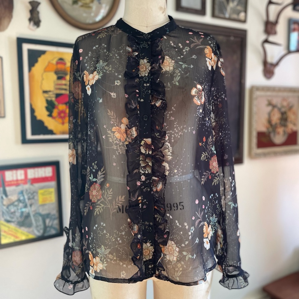 Topshop Sheer Floral Button Down Blouse Ruffles Size 10 Large Nordstrom